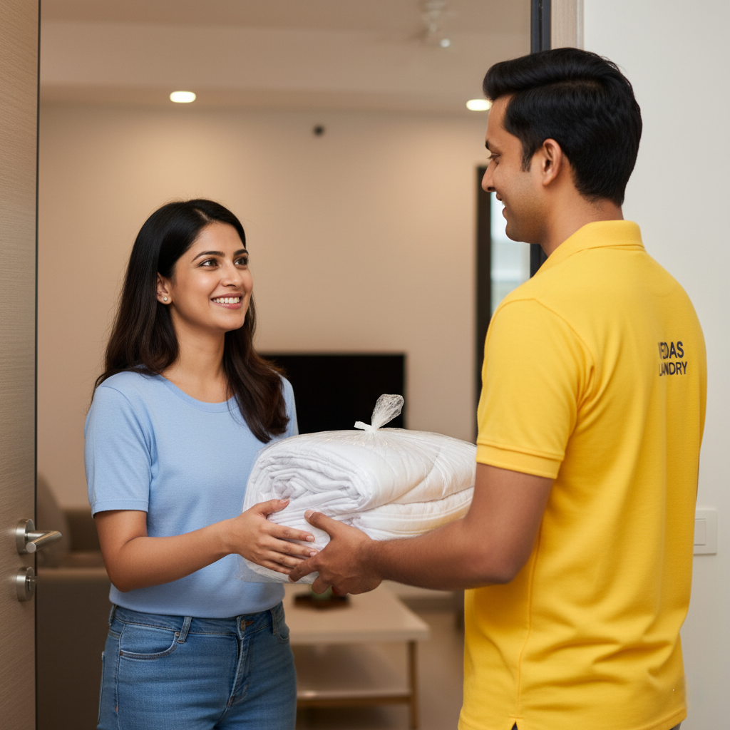 Happy laundry customers receiving their clean clothes