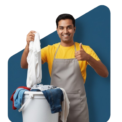 Man happily holding a basket of clean laundry